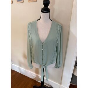 WAYF Sage Green Tie-Front Lace Trim Blouse | NWT | Size Medium
